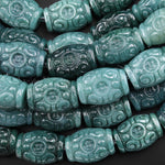 AAA Large 6mm Drill Hole Beads Hand Carved Natural Guatemalan Blue Green Jade Drum Barrel Endless Fortune Prosperity 7.25" Strand