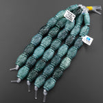 AAA Large 6mm Drill Hole Beads Hand Carved Natural Guatemalan Blue Green Jade Drum Barrel Endless Fortune Prosperity 7.25" Strand