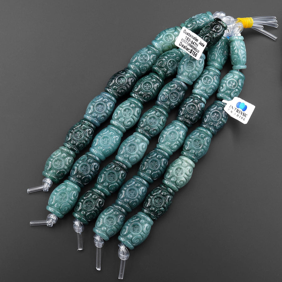 AAA Large 6mm Drill Hole Beads Hand Carved Natural Guatemalan Blue Green Jade Drum Barrel Endless Fortune Prosperity 7.25" Strand