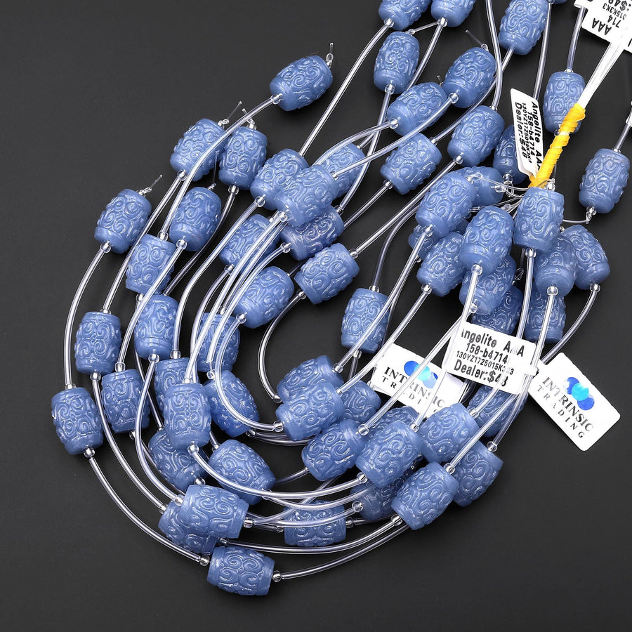 Hand Carved Natural Blue Angelite Drum Barrel Tube Gemstone Longevity Beads Strand