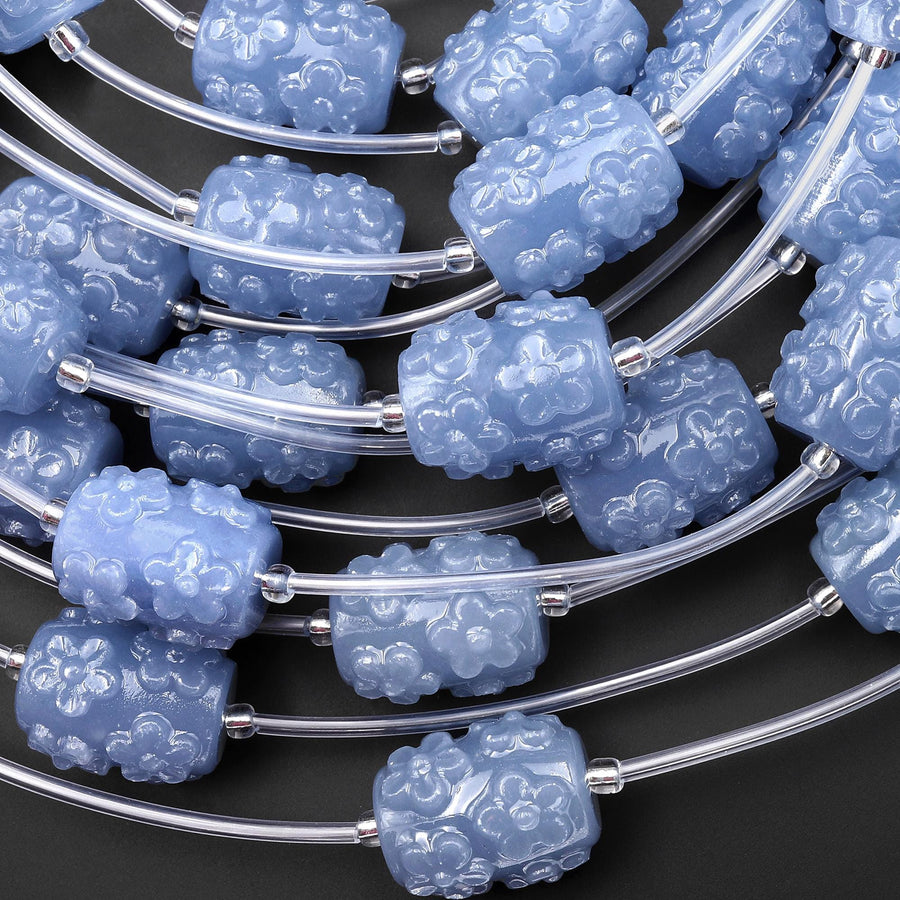 Hand Carved Natural Blue Angelite Drum Barrel Gemstone Cherry Flower Beads Blossoming Energy and Abundance Strand