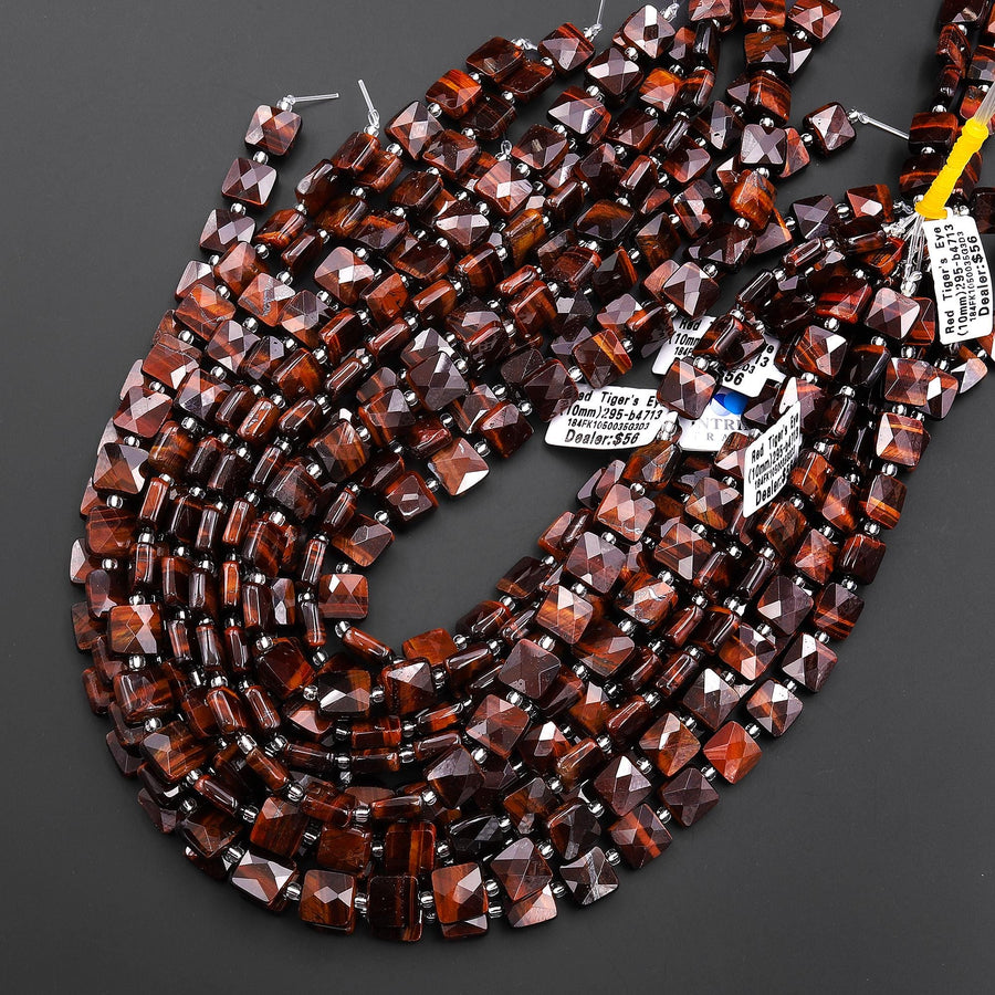 AAA Faceted Natural Red Tiger's Eye 10mm Square Beads Good for Earrings 15.5" Strand