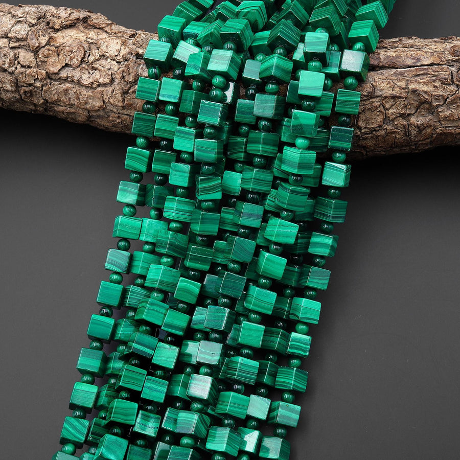 AAA Natural Green Malachite Smooth Cube Dice Beads Gemstone From Congo 15.5" Strand