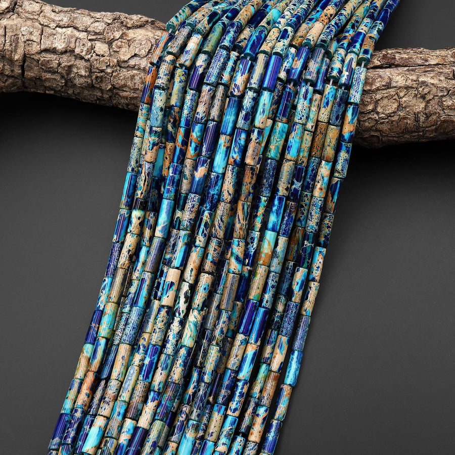 Ocean Blue Sea Sediment Jasper Smooth Tube Cylinder Beads 4x13mm Aka Impression Imperial Jasper 15.5" Strand