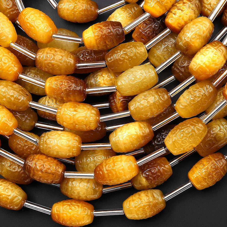 Hand Carved Natural Blonde Tiger's Eye Barrel Drum Gemstone Longevity Beads 15.5" Strand