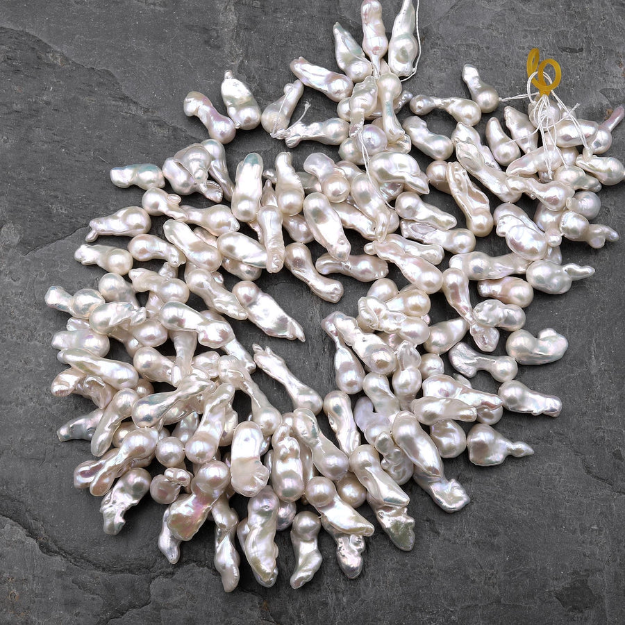 AAA High Luster Top Side Drilled Genuine White Freshwater Baroque Flame Ball Ming Pearl 16.5" Strand