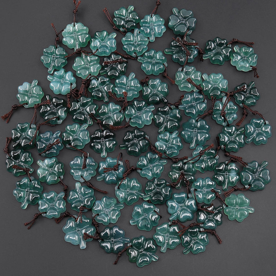 AAA Hand Carved Natural Dark Blue Green Guatemalan Jade Lucky 4 Four Clover Pendant