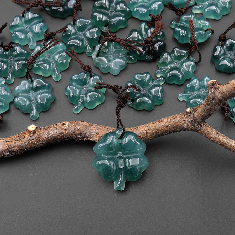 AAA Hand Carved Natural Dark Blue Green Guatemalan Jade Lucky 4 Four Clover Pendant
