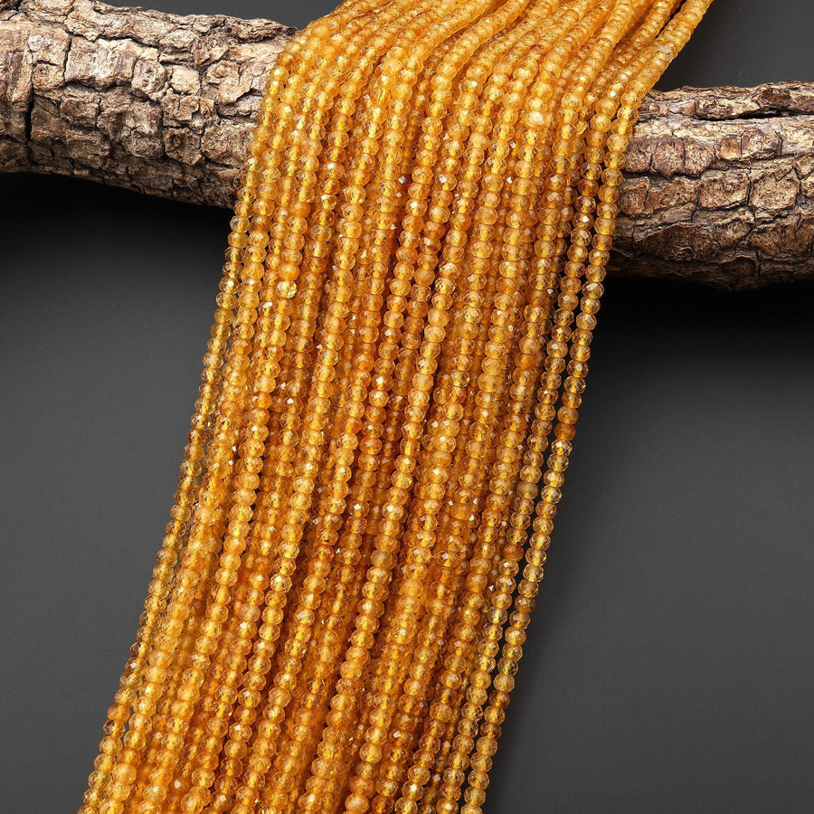 AAA Natural Golden Yellow Tourmaline Faceted 4mm Rondelle Beads Micro Diamond Cut Gemstone 15.5" Strand