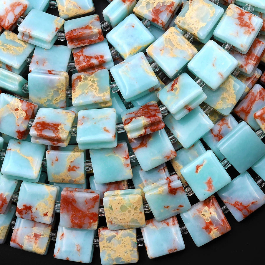 Blue Red Impression Jasper Smooth Square Beads w/ Grooved Line Around 15" Strand