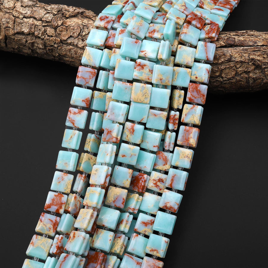 Blue Red Impression Jasper Smooth Square Beads w/ Grooved Line Around 15" Strand