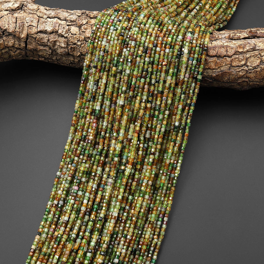AAA Faceted Natural Green Yellow Petrol Tourmaline 2mm Cube Beads Gemstone 15.5" Strand
