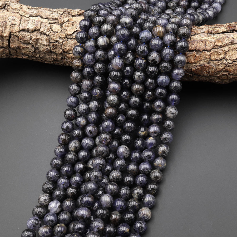 Natural Dark Blue Iolite 4mm 5mm 6mm 7mm 8mm 10mm 12mm Round Gemstone Beads 15.5" Strand