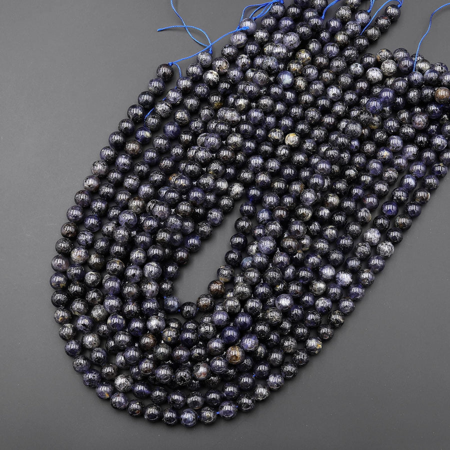 Natural Dark Blue Iolite 4mm 5mm 6mm 7mm 8mm 10mm 12mm Round Gemstone Beads 15.5" Strand