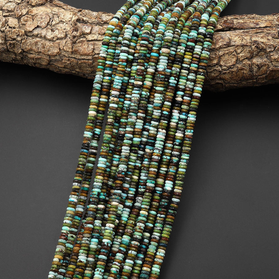 Genuine Natural Blue Green Dark Brown Turquoise 4x1mm Faceted Thin Rondelle Beads 15.5" Strand
