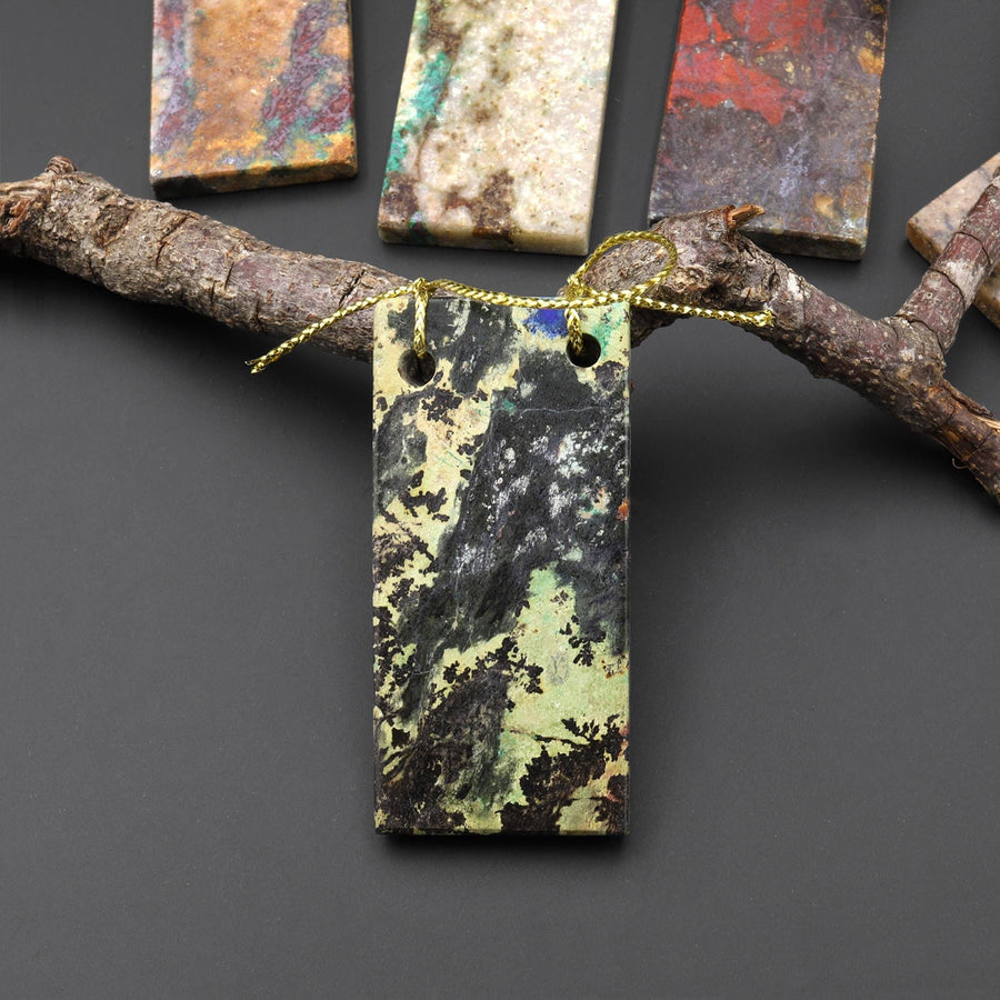 From the Old Arizona Copper Mine~ Natural Copper in Chrysocolla Thin Long 70mm Rectangle Slice 2 Two Hole Pendant