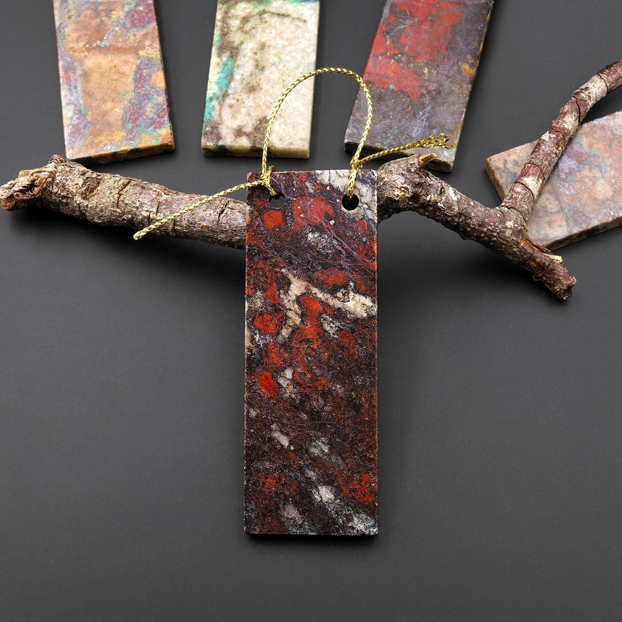 From the Old Arizona Copper Mine~ Natural Copper in Chrysocolla Thin Long 70mm Rectangle Slice 2 Two Hole Pendant A1