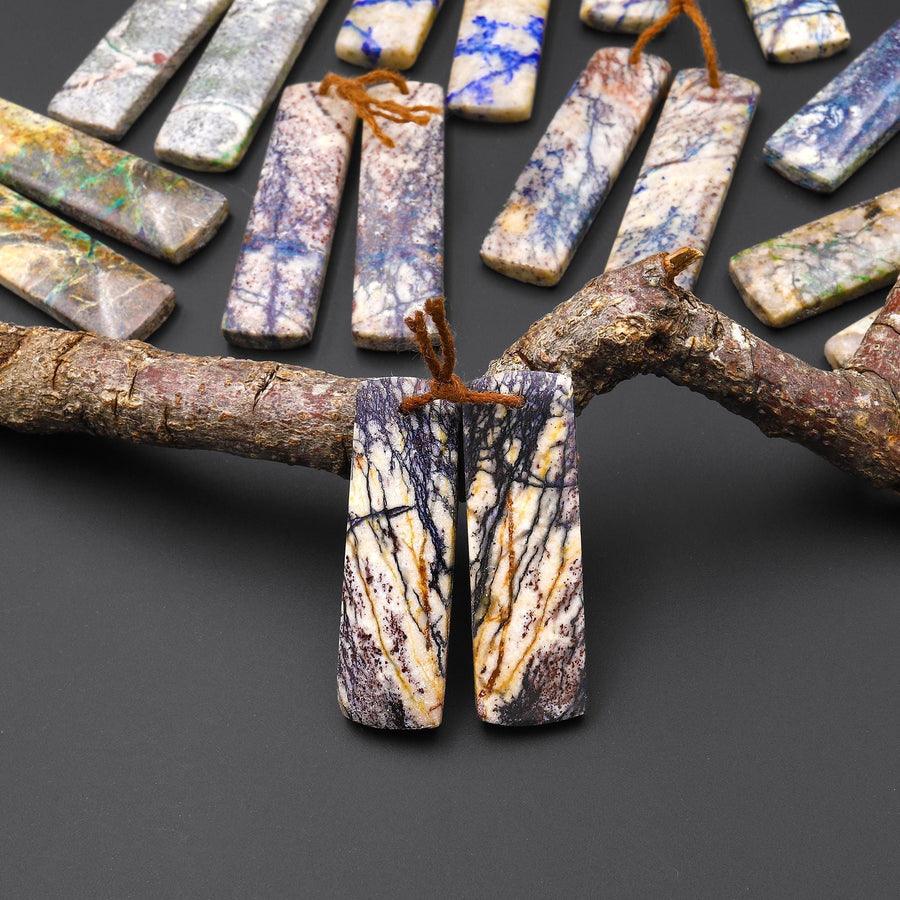 Rare Natural Lightening Azurite Rectangle Earrings Matched Gemstone Bead Pair From Arizona EC0402