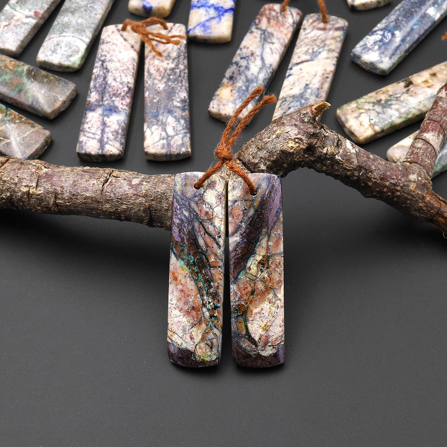Rare Natural Lightening Azurite Rectangle Earrings Matched Gemstone Bead Pair From Arizona EC0402 A5