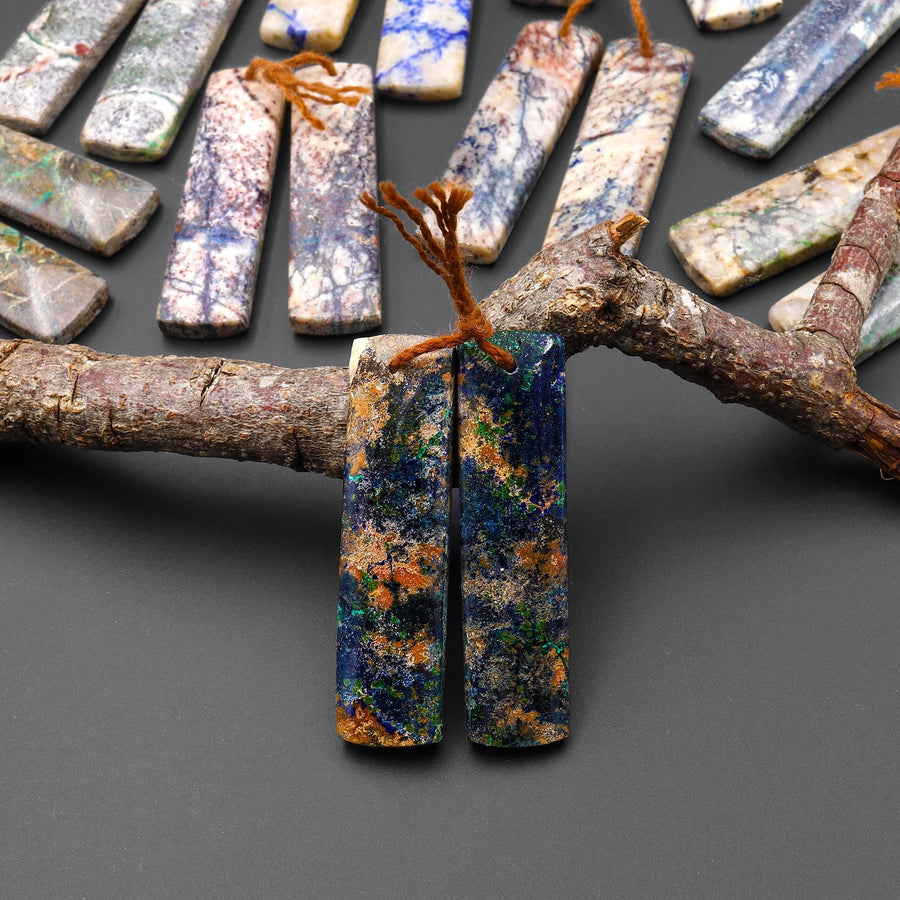 Rare Natural Lightening Azurite Rectangle Earrings Matched Gemstone Bead Pair From Arizona EC0402 A6