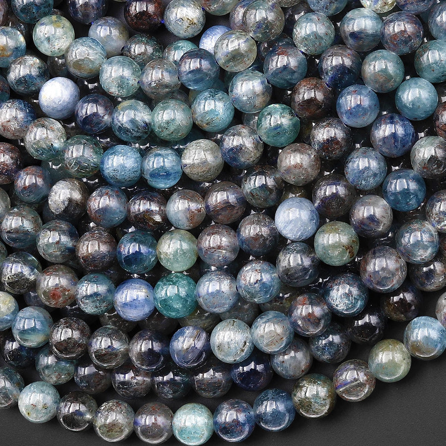 Natural Silvery Blue Green Rusty Red Kyanite 5mm 6mm Smooth Round Beads 15.5" Strand