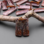 Genuine Maroon Red Pink Gray Utah Dinosaur Bone Fossil Drilled Rectangle Earring Pair Matched Gemstone Beads EC0405