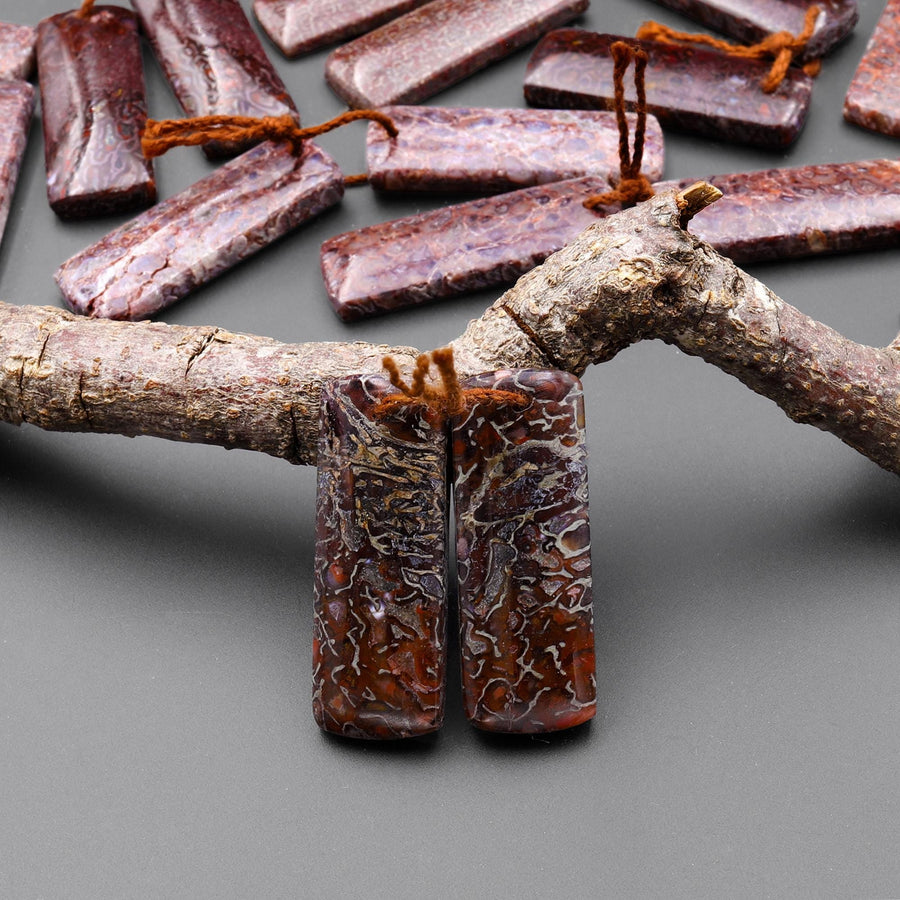 Genuine Maroon Red Pink Gray Utah Dinosaur Bone Fossil Drilled Rectangle Earring Pair Matched Gemstone Beads EC0405