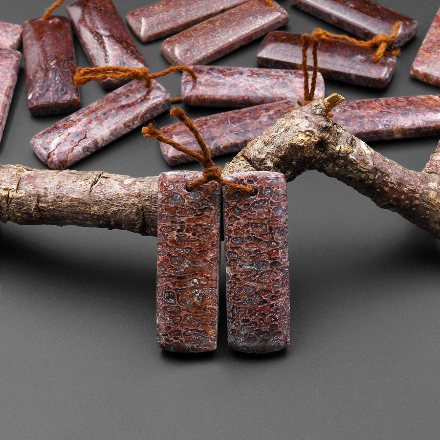 Genuine Maroon Pink Utah Dinosaur Bone Fossil Drilled Rectangle Earring Pair Matched Gemstone Beads EC0405 A1