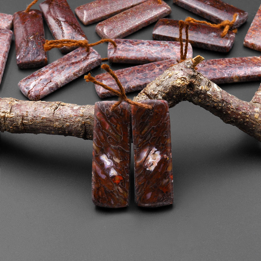 Genuine Maroon Red Pink Utah Dinosaur Bone Fossil Drilled Rectangle Earring Pair Matched Gemstone Beads EC0405 A3