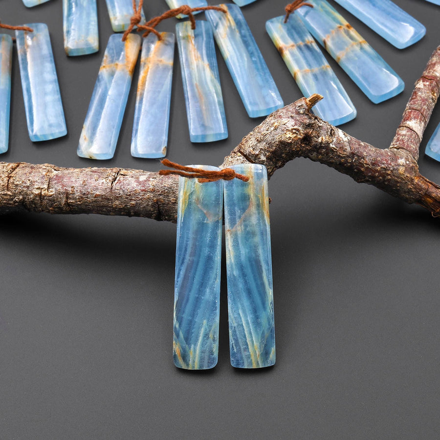 Natural Argentina Lemurian Aquatine Blue Calcite Rectangle Matched Earring Pairs Drilled Gemstone Cabochon Beads EC0403 A2