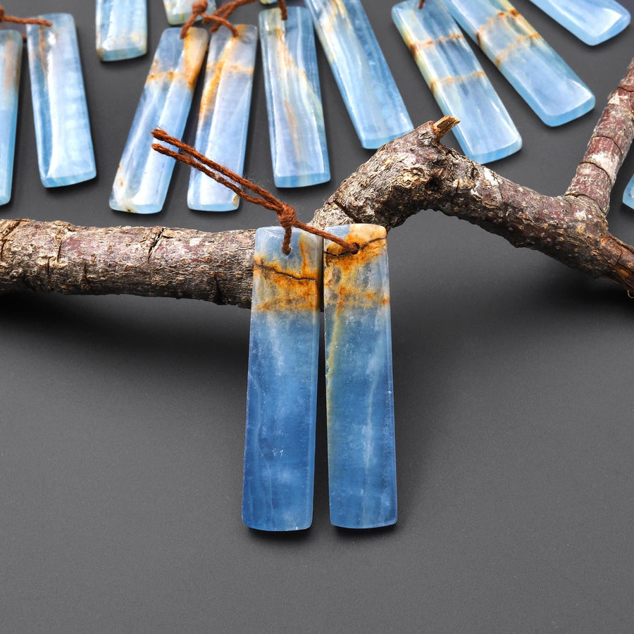 Natural Argentina Lemurian Aquatine Blue Calcite Rectangle Matched Earring Pairs Drilled Gemstone Cabochon Beads EC0403 A6