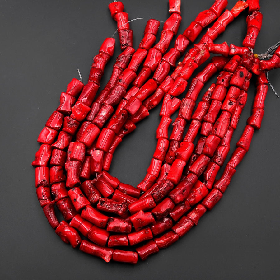 Genuine Red Bamboo Coral Branch Nugget Tube Beads 16" Strand