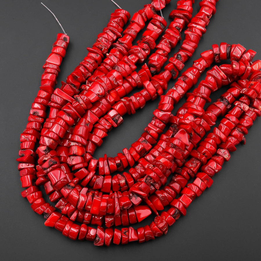 AAA Genuine Red Bamboo Coral Center Drilled Sliced Branch Nugget Beads 18" Strand