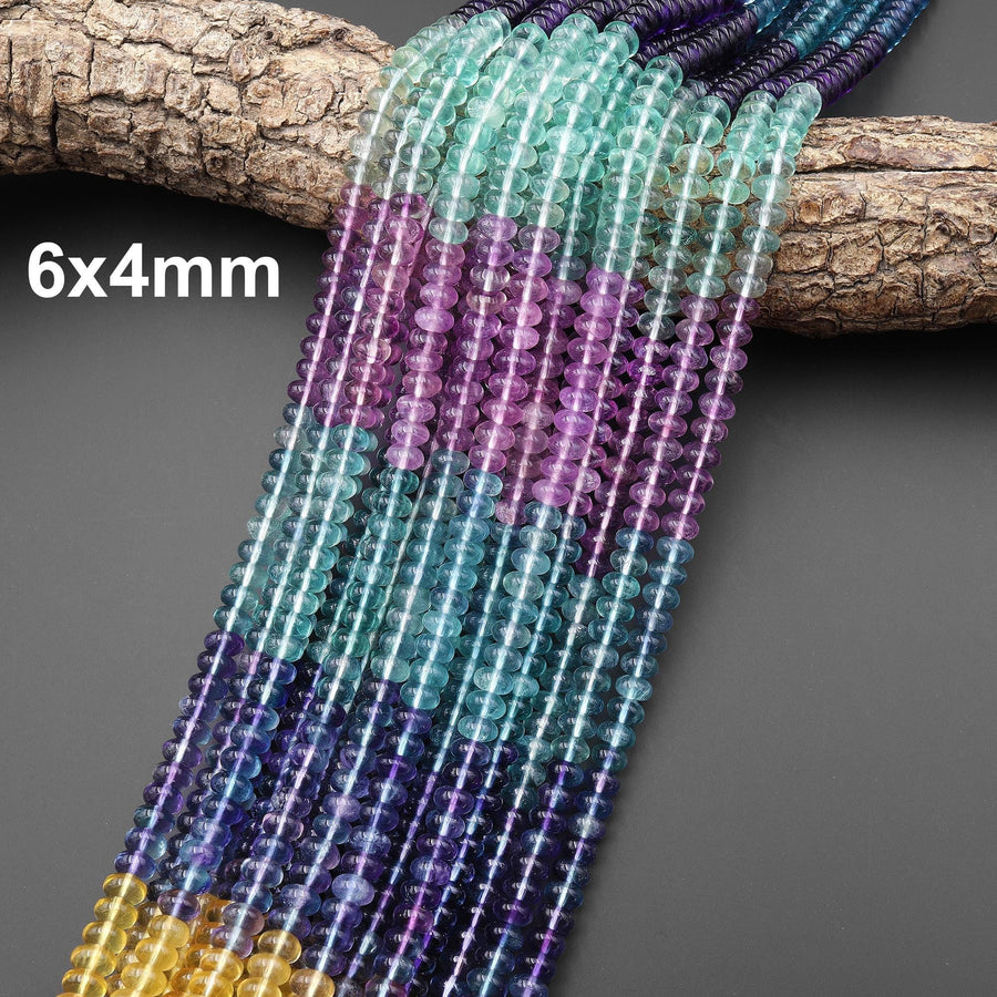 Natural Fluorite 6mm 8mm Smooth Rondelle Beads Multicolor Violet Purple Teal Green Honey Yellow Gemstone 15.5" Strand