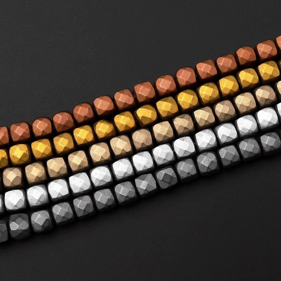 Matte Faceted Hematite Cube Beads 3mm 4mm Titanium Silver Gold Bronze Champagne Gunmetal Black Colors 15.5" Strand