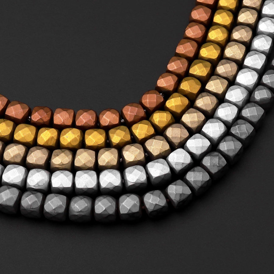 Matte Faceted Hematite Cube Beads 3mm 4mm Titanium Silver Gold Bronze Champagne Gunmetal Black Colors 15.5" Strand