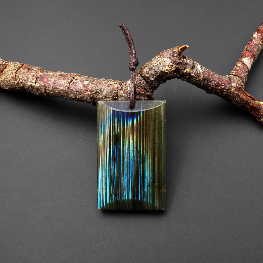 AAA Natural Golden Orange Blue Labradorite Domed Rectangle Pendant A1