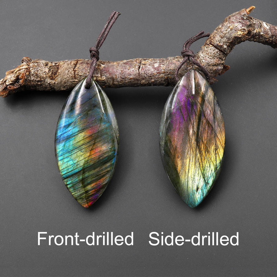 AAA Natural Rainbow Purple Blue Labradorite Marquise Leaf Pendant Side Drilled Gemstone