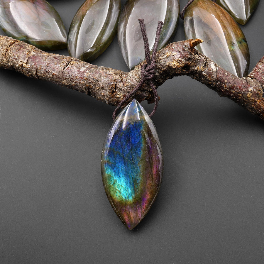 AAA Natural Rainbow Purple Blue Labradorite Marquise Leaf Pendant Side Drilled Gemstone