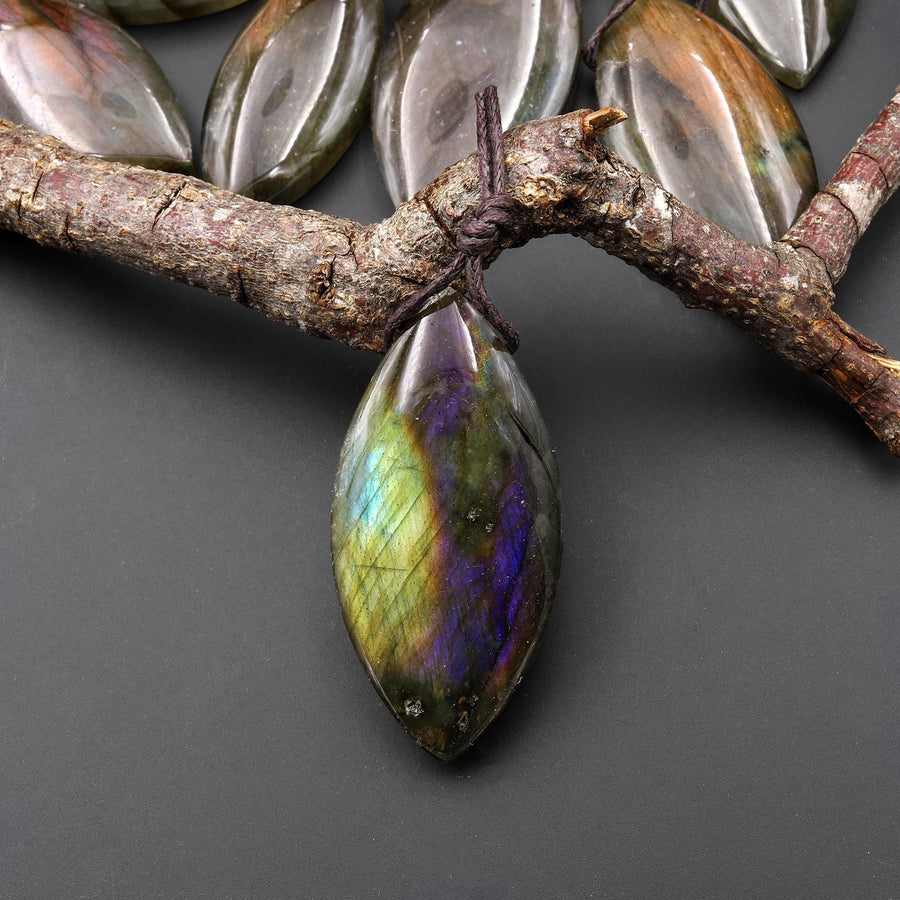 AAA Natural Rainbow Purple Blue Labradorite Marquise Leaf Pendant Side Drilled Gemstone