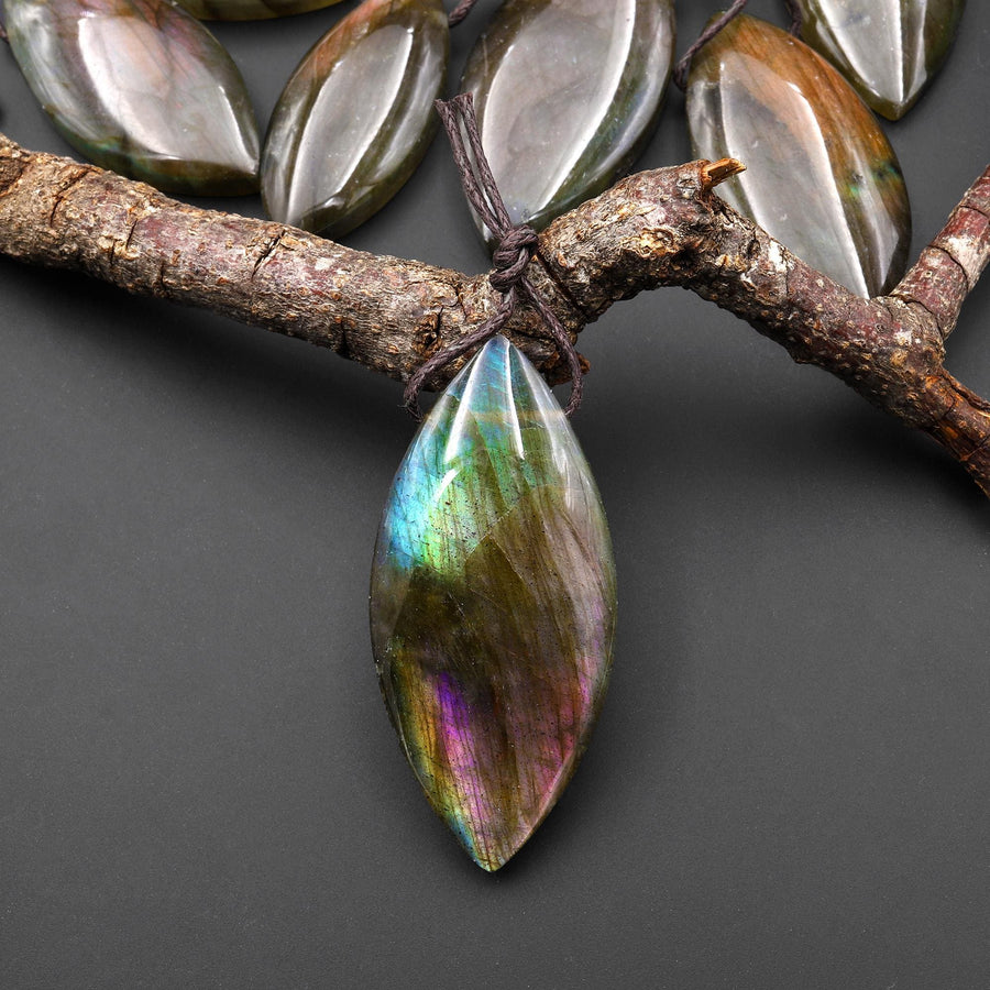 AAA Natural Rainbow Pink Green Blue Labradorite Marquise Leaf Pendant Side Drilled Gemstone A2