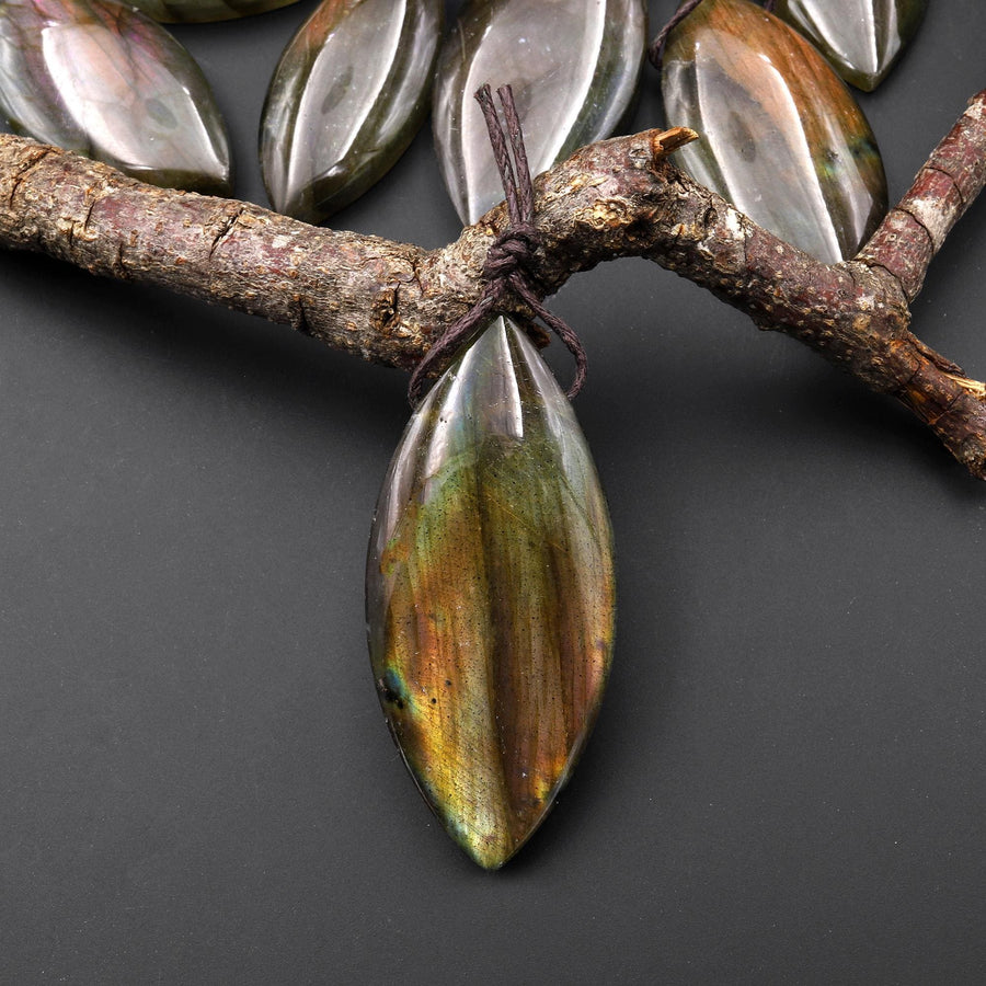 AAA Natural Rainbow Reddish Golden Orange Labradorite Marquise Leaf Pendant Side Drilled Gemstone A7
