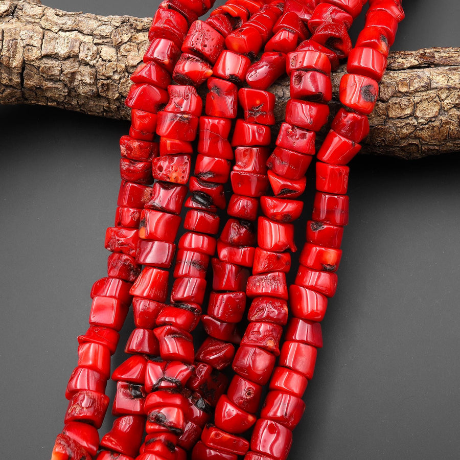 AAA Genuine Red Bamboo Coral Center Drilled Sliced Branch Nugget Beads 16" Strand