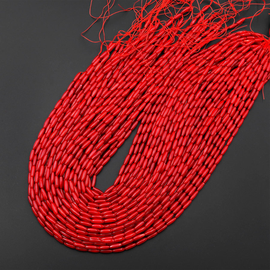 Genuine Red Bamboo Coral Thin Long 3x9mm Drum Rice Barrel Beads 15.5" Strand