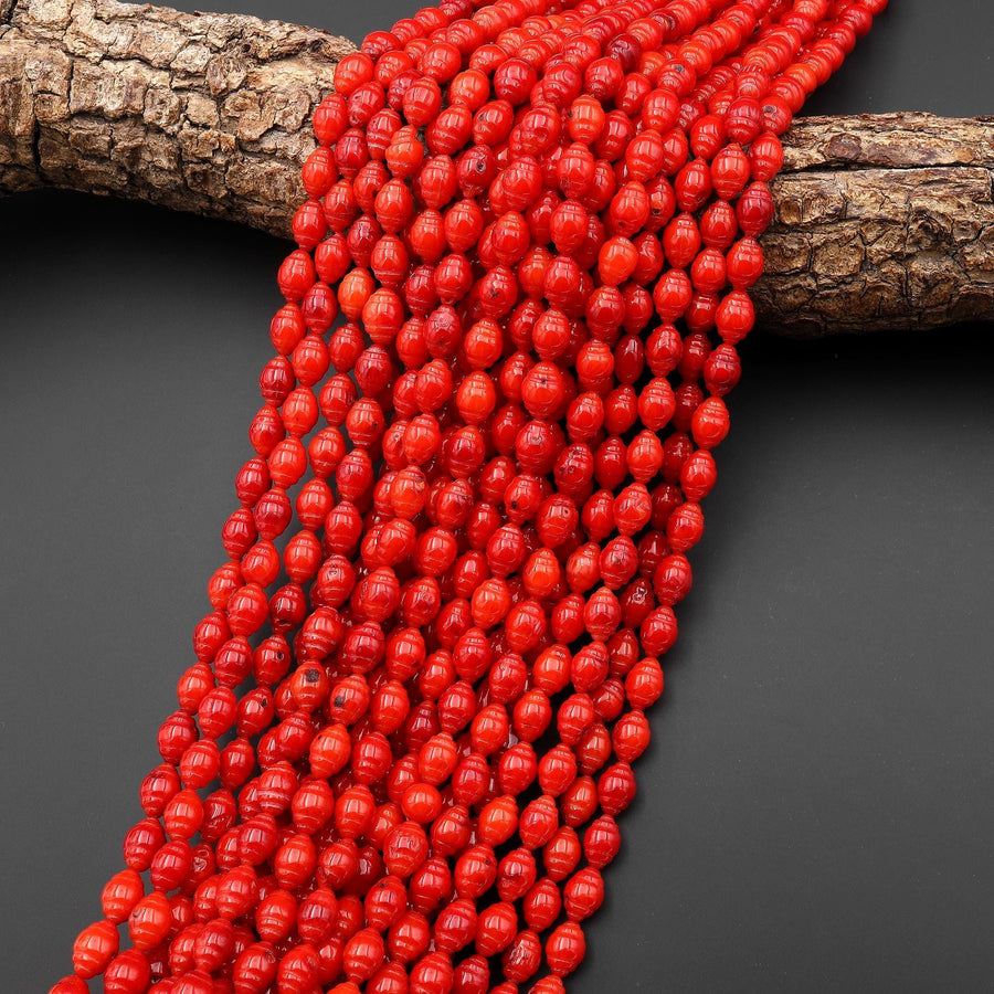 Carved Genuine Orange Red Bamboo Coral Olive Shaped Barrel Beads 6x8mm 15.5" Strand
