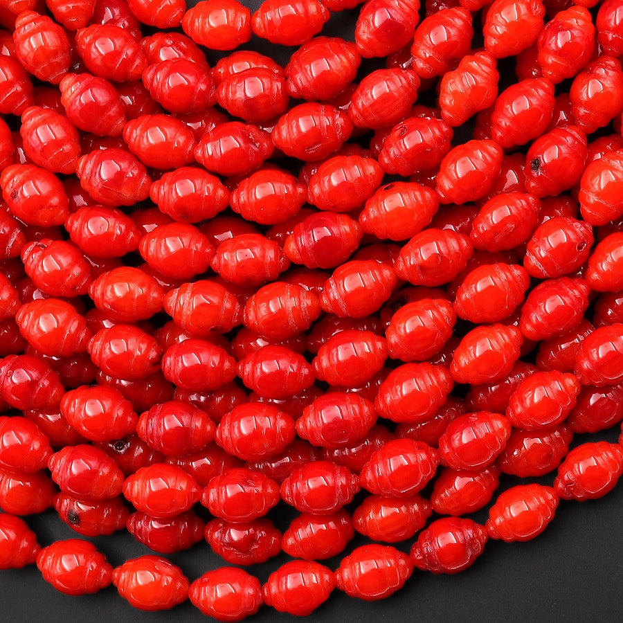 Carved Genuine Orange Red Bamboo Coral Olive Shaped Barrel Beads 6x8mm 15.5" Strand