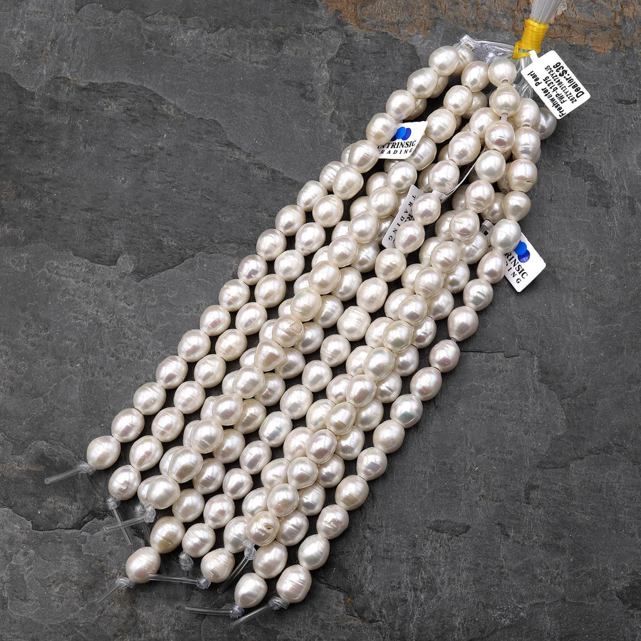 Large Hole Pearls Beads Natural White Genuine Freshwater Pearl Potato Oval 10mm to 13mm Big 2.5mm Drill Hole 8" Strand
