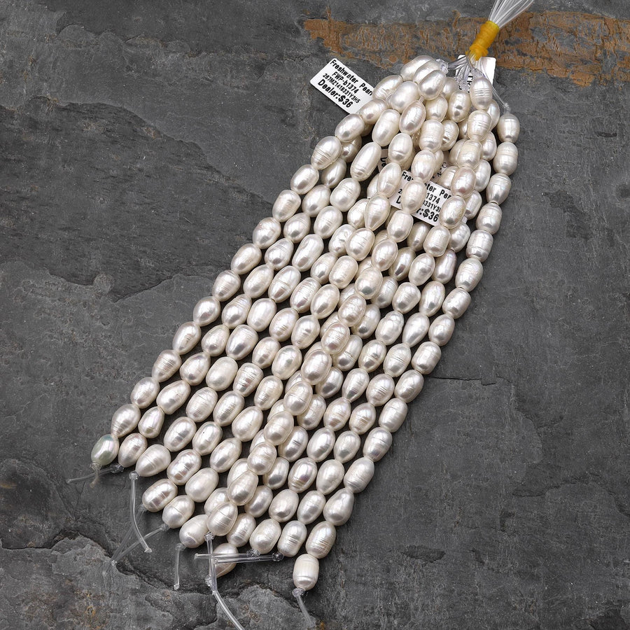 Large Hole Pearls Beads Natural White Genuine Freshwater Pearl Long Potato Oval 10mm to 13mm Big 2mm Drill Hole 8" Strand