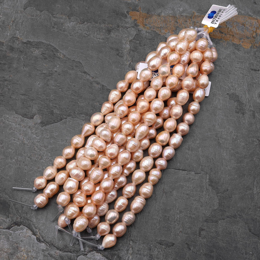Large Hole Genuine Freshwater Pearls Beads Natural Peach Apricot Peach Potato Oval 9mm 10mm 12mm Big 2.5mm Drill Hole 8" Strand