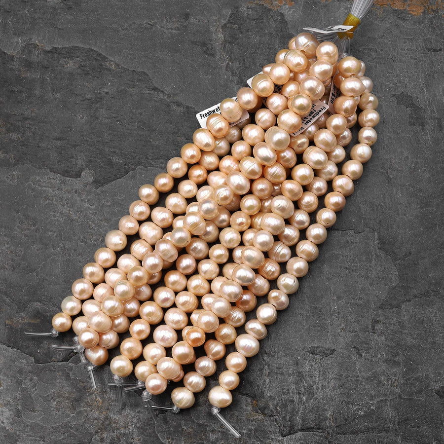 Large Hole Pearls Beads Natural Soft Peach Genuine Freshwater Pearl Off Round 10mm 12mm Big 3mm Drill Hole 8" Strand